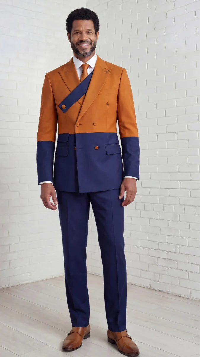 Statement Mens Modern Fit 2 Piece 100% Super 200s Wool Two Tone Suit – Double Breasted (Azuro) Peak Lapel Jacket with Chest Strap