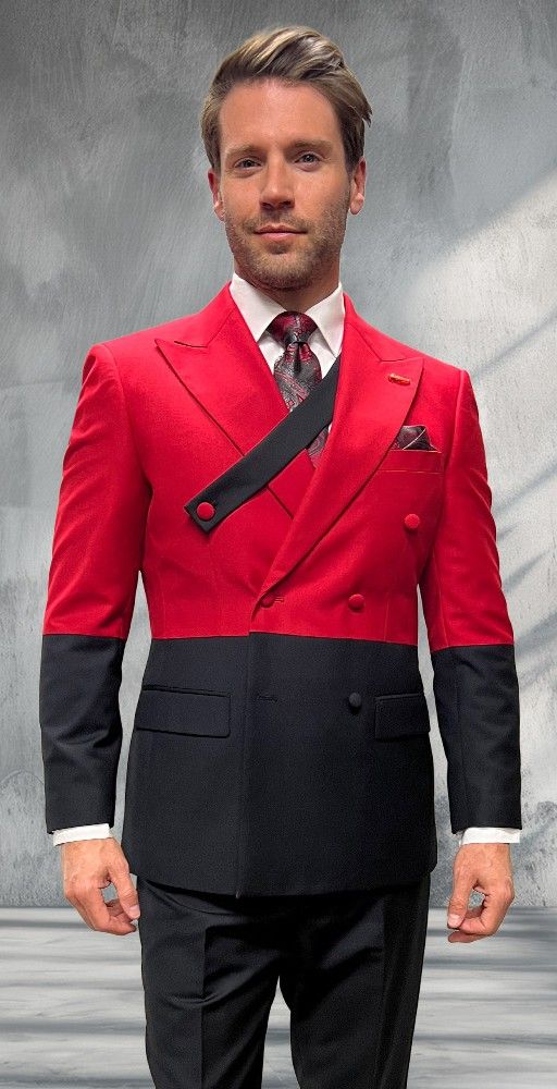 Statement Mens Modern Fit 2 Piece 100% Super 200s Wool Two Tone Suit – Double Breasted (Azuro) Peak Lapel Jacket with Chest Strap
