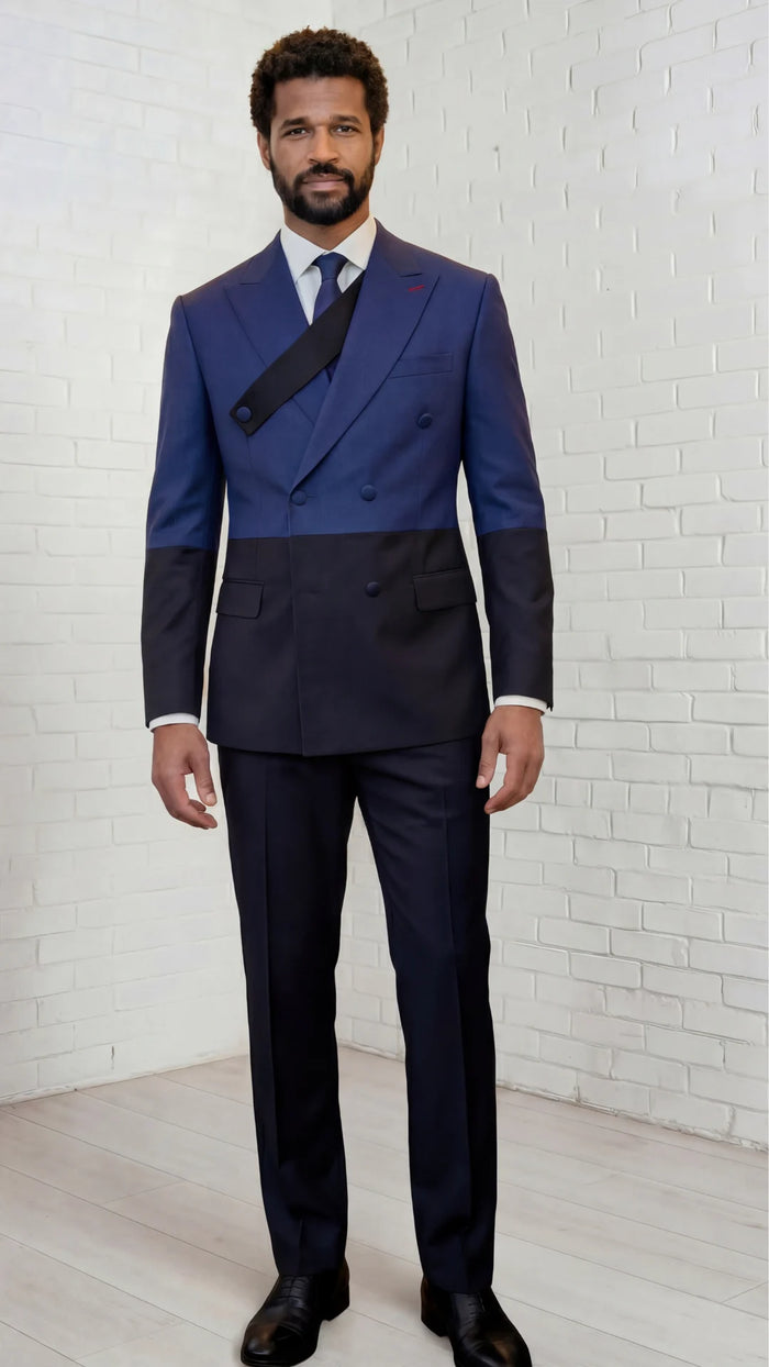 Statement Mens Modern Fit 2 Piece 100% Super 200s Wool Two Tone Suit – Double Breasted (Azuro) Peak Lapel Jacket with Chest Strap