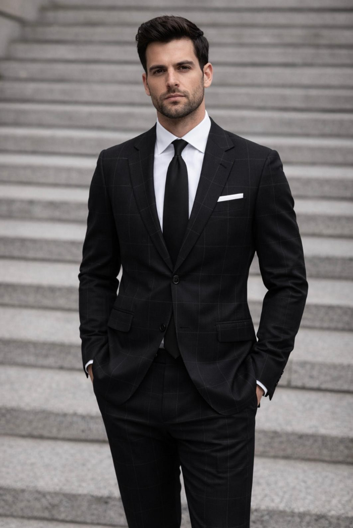 Statement Mens Modern Fit 2 Piece 100% Wool Sharp Windowpane Suit – Single Breasted Notch Lapel Jacket