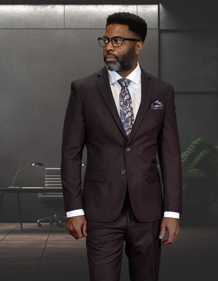 Statement Mens Modern Fit 2 Piece 100% Wool Suit – Notch Lapel Single Breasted Jacket