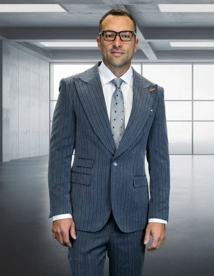Statement Mens Modern Fit 2 Piece 100% Wool Suit – Wide Peak Lapel, One Button Jacket