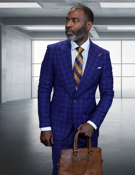 Statement Mens Modern Fit 2 Piece 100% Wool Suit – Wide Peak Lapel, One Button Jacket