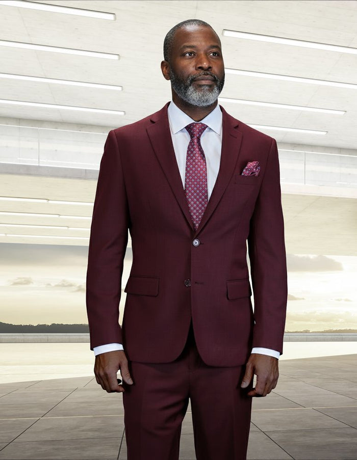 Statement Mens Modern Fit 2 Piece 100% Wool Textured Solid Suit – Single Breasted Notch Lapel Jacket