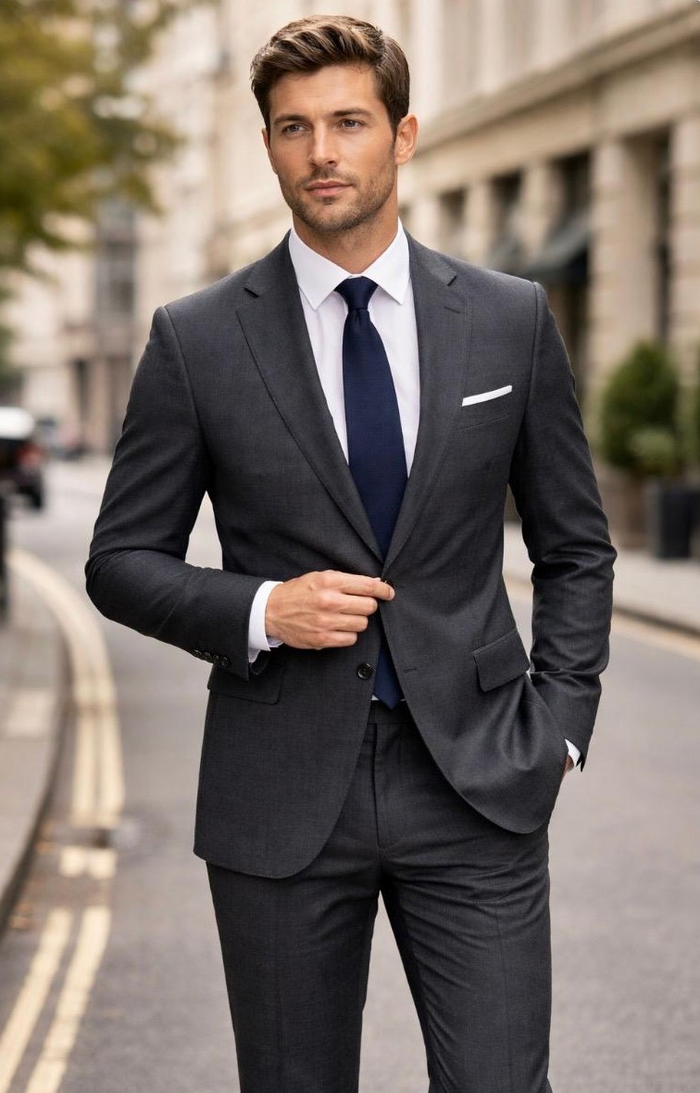 Statement Mens Modern Fit 2 Piece 100% Wool Textured Solid Suit – Single Breasted Notch Lapel Jacket
