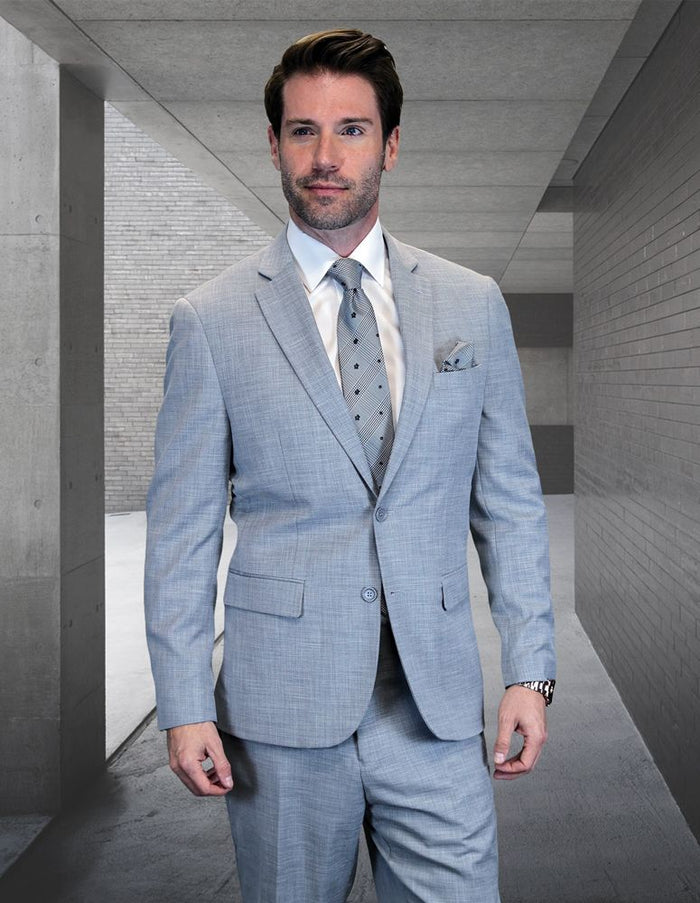 Statement Mens Modern Fit 2 Piece 100% Wool Textured Solid Suit – Single Breasted Notch Lapel Jacket