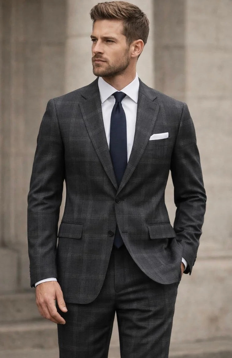 34 Statement Mens Modern Fit 2 Piece 100% Wool Windowpane Plaid Suit ...