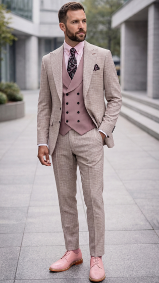 Statement Mens Modern Fit 3 Piece 100% Wool Gingham Suit – Peak Lapel, Double Breasted Vest