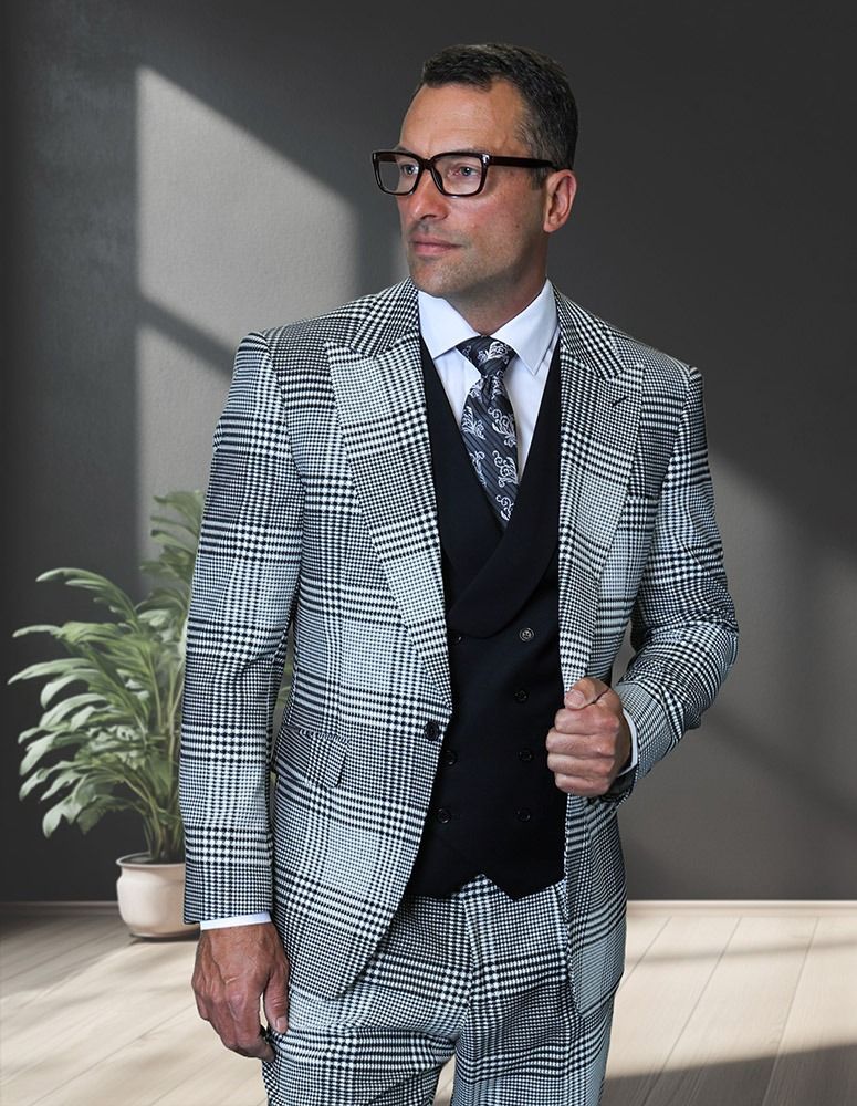 34 Statement Mens Modern Fit 3 Piece 100% Super 200s Wool Plaid Suit ...