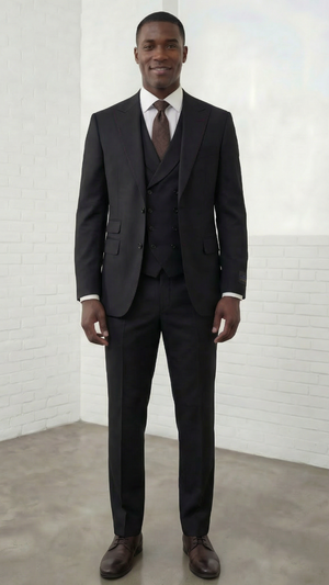 Statement Mens Modern Fit 3 Piece 100% Super 200s Wool Suit – Peak Lapel, Double Breasted Vest