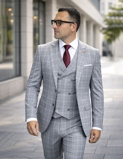 Statement Mens Modern Fit 3 Piece 100% Super 200s Wool Suit – Various Patterns, Double Breasted Vest