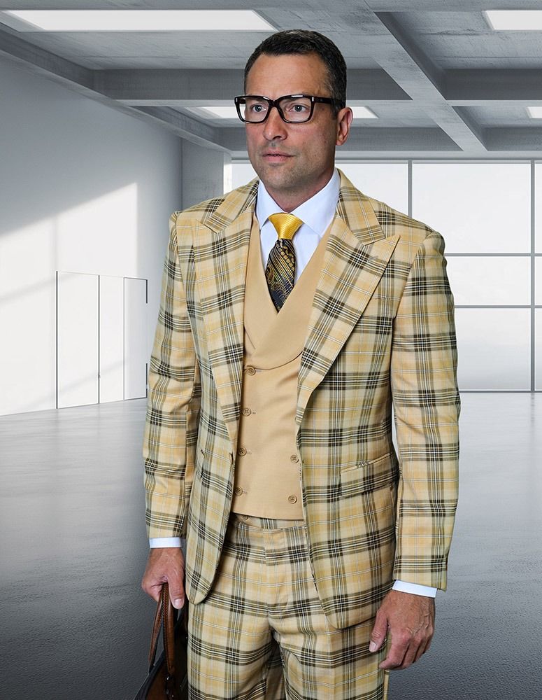 Statement Mens Modern Fit 3 Piece 100% Wool Plaid Suit – Wide Peak Lapel, Double Breasted Vest