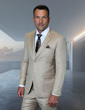Statement Mens Modern Fit 3 Piece 100% Wool Suit – Subtle Texture, Notch Lapel Jacket