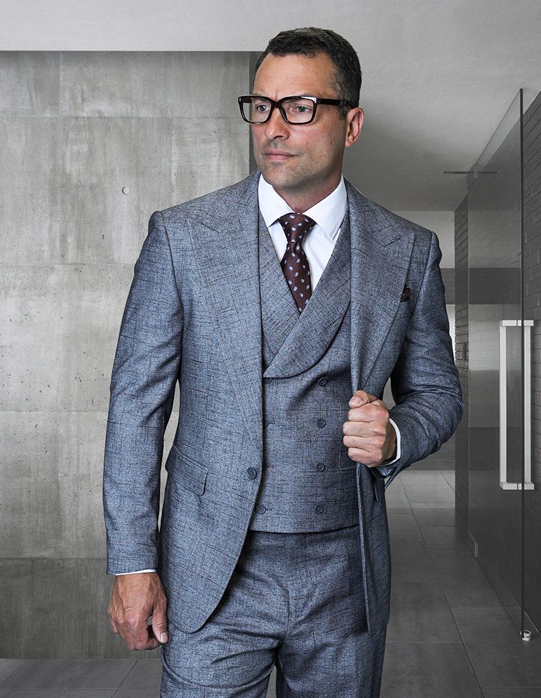 34 Statement Mens Modern Fit 3 Piece 100% Wool Textured Windowpane Suit ...