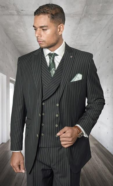 Statement Wool Suit Men's 3 Pc. Hunter Green Pinstripe Vest Suit Zarelli