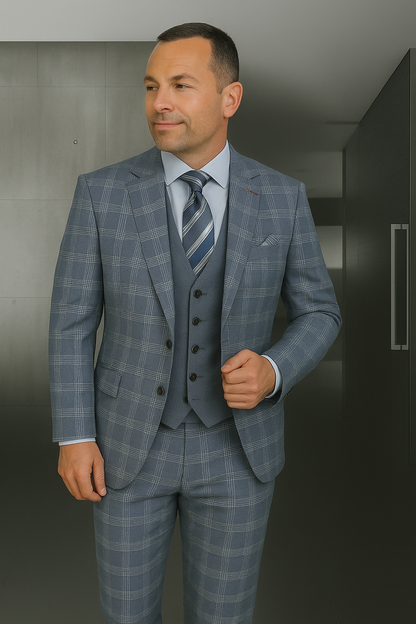 Wool Suit - Italian Made Business Suit by Statement Men's 3 Piece 100% Wool Modern Fit Suit - Coordinating Solid Color Vest