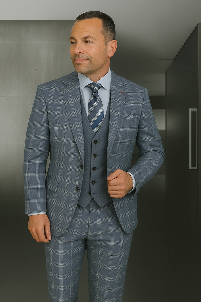 Wool Suit - Italian Made Business Suit by Statement Men's 3 Piece 100% Wool Modern Fit Suit - Coordinating Solid Color Vest