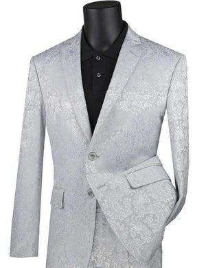 Mens Paisley Pattern Suit in Silver – Slim Fit Formal 2-Piece Set