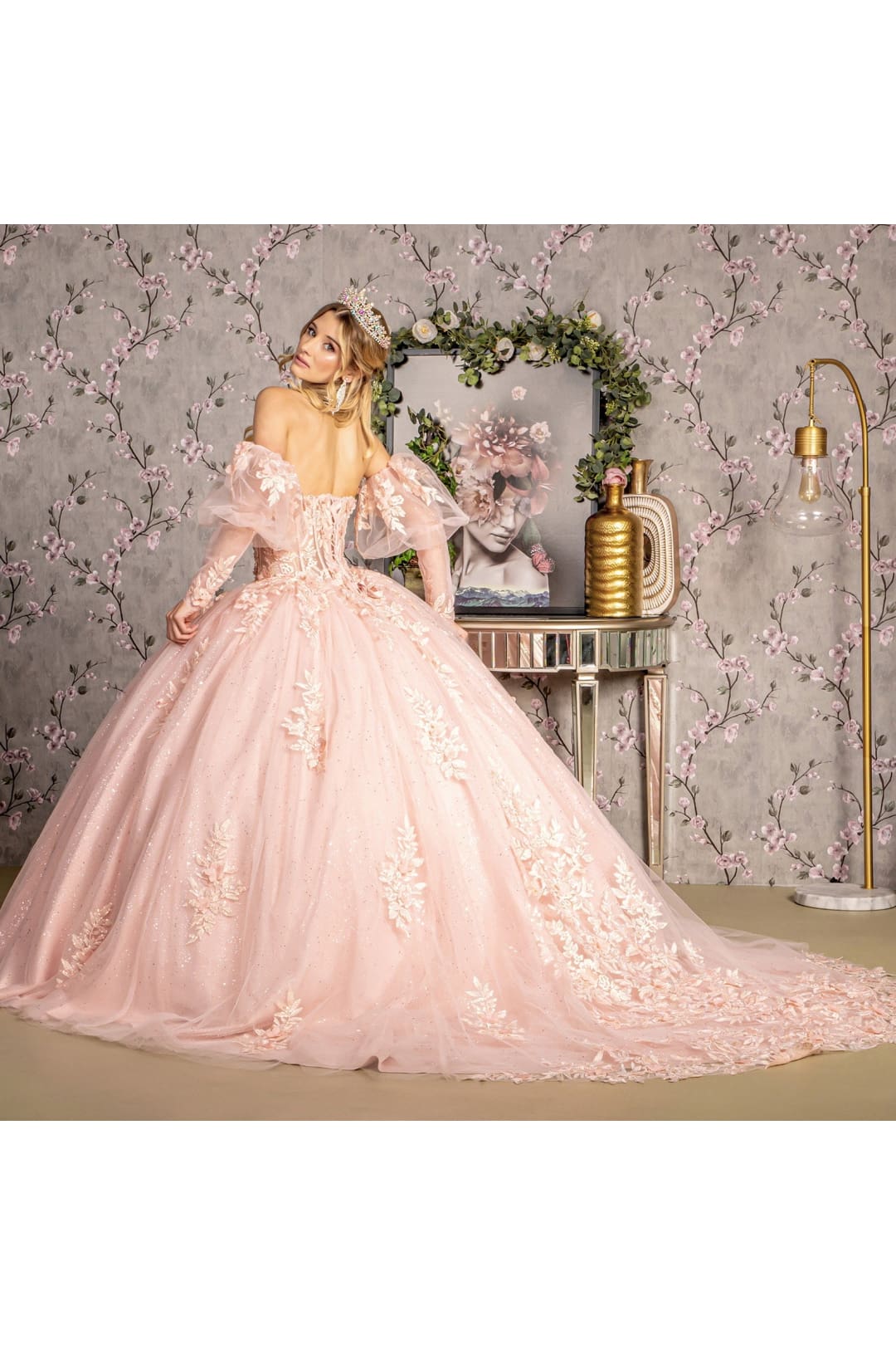 Strapless Puff Sleeve Corset Ball Gown by GLS Gloria GL3476