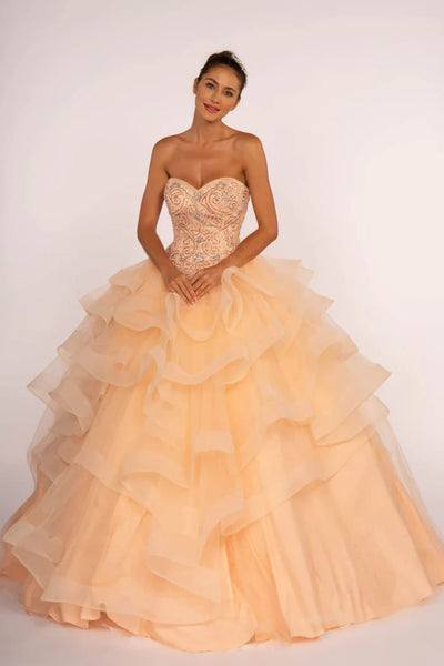 Strapless Sweetheart Ball Gown with Ruffled Skirt by Elizabeth K GL2515 - XS / Peach - Quinceanera Dresses