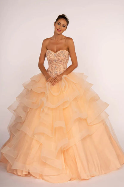 Strapless Sweetheart Ball Gown with Ruffled Skirt by Elizabeth K GL2515 - XS / Peach - Quinceanera Dresses