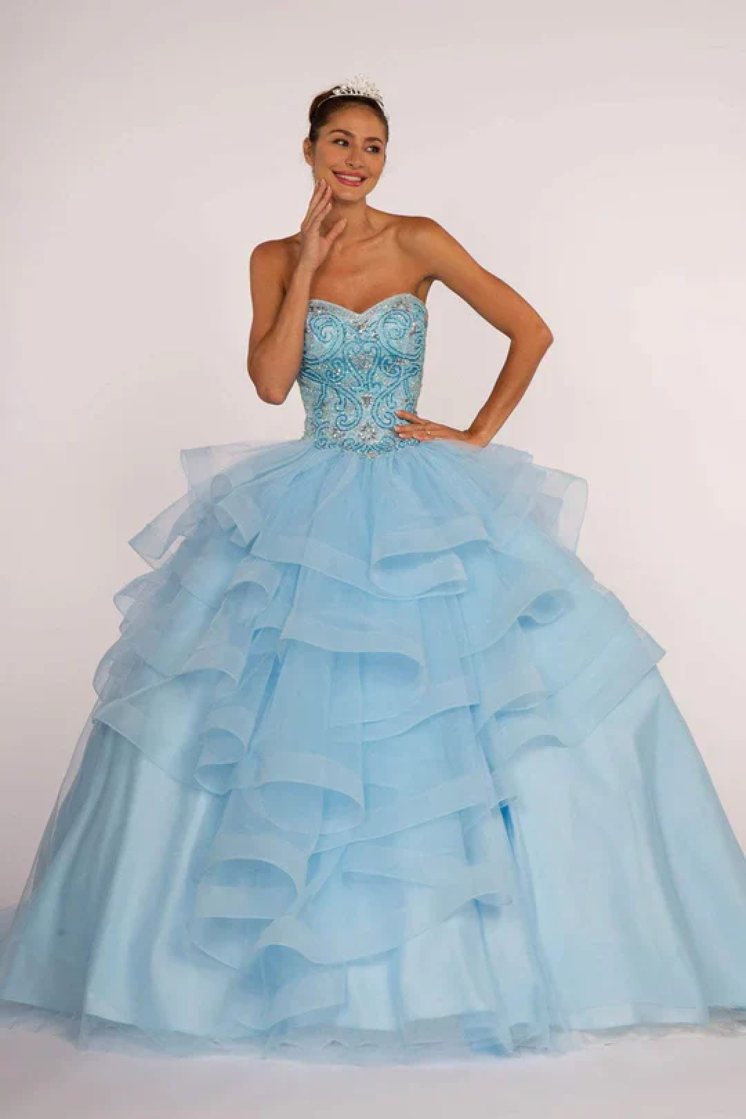 Strapless Sweetheart Ball Gown with Ruffled Skirt by Elizabeth K GL2515 - XS / Sky - Quinceanera Dresses