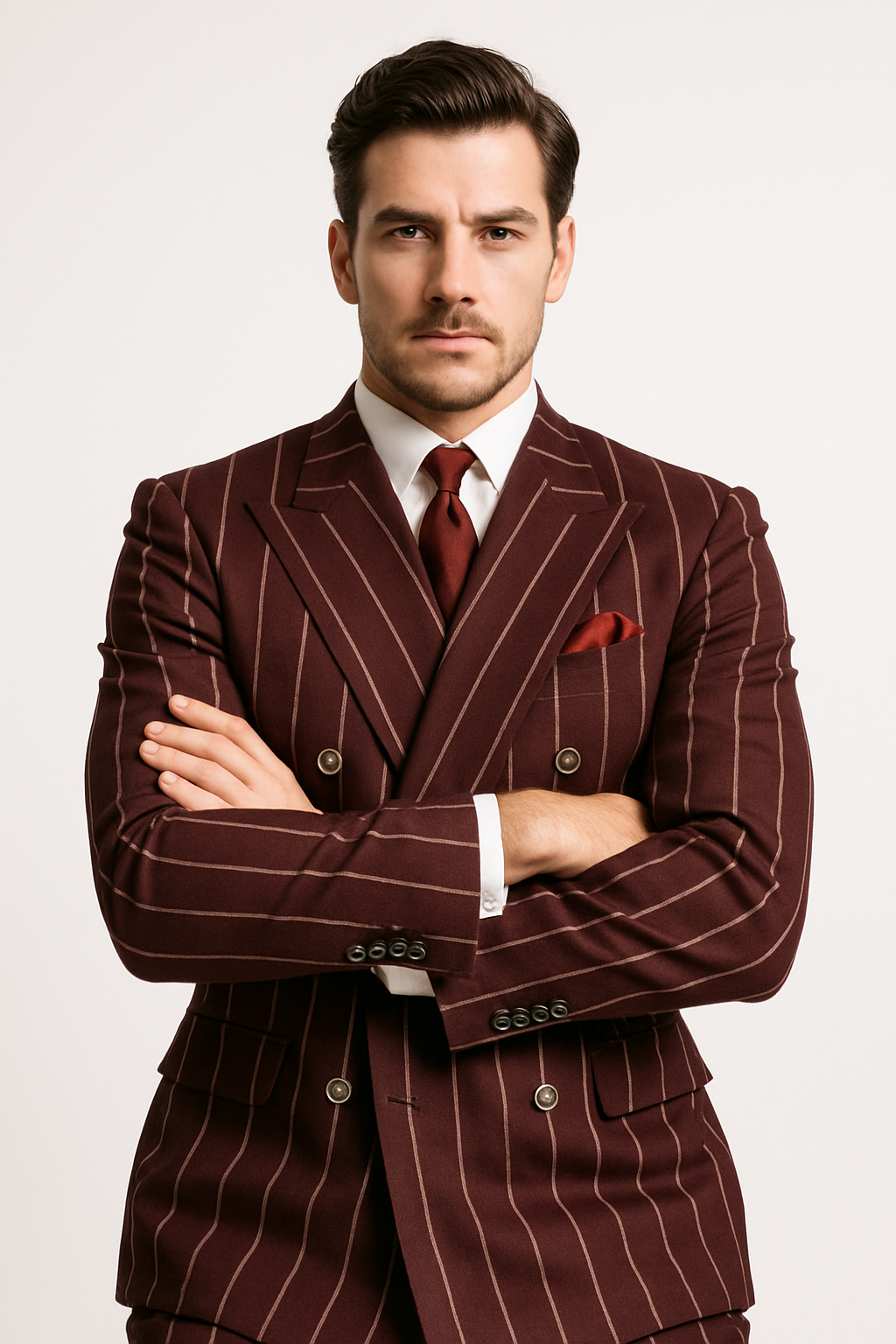 Burgundy Pinstripe Suit - Mens 1920s Gangster Pinstripe Suit - Style Chalk Pinstripe