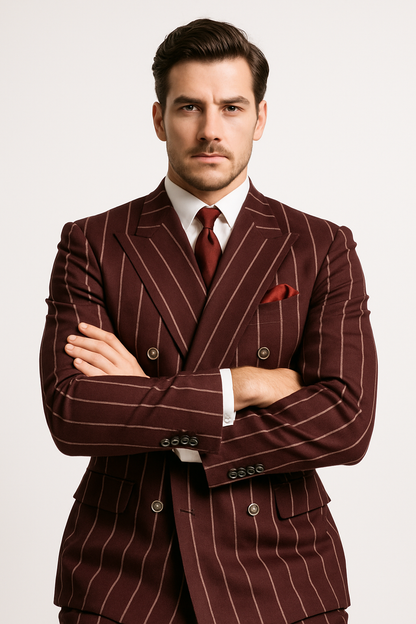 Burgundy Pinstripe Suit - Mens 1920s Gangster Pinstripe Suit - Style Chalk Pinstripe
