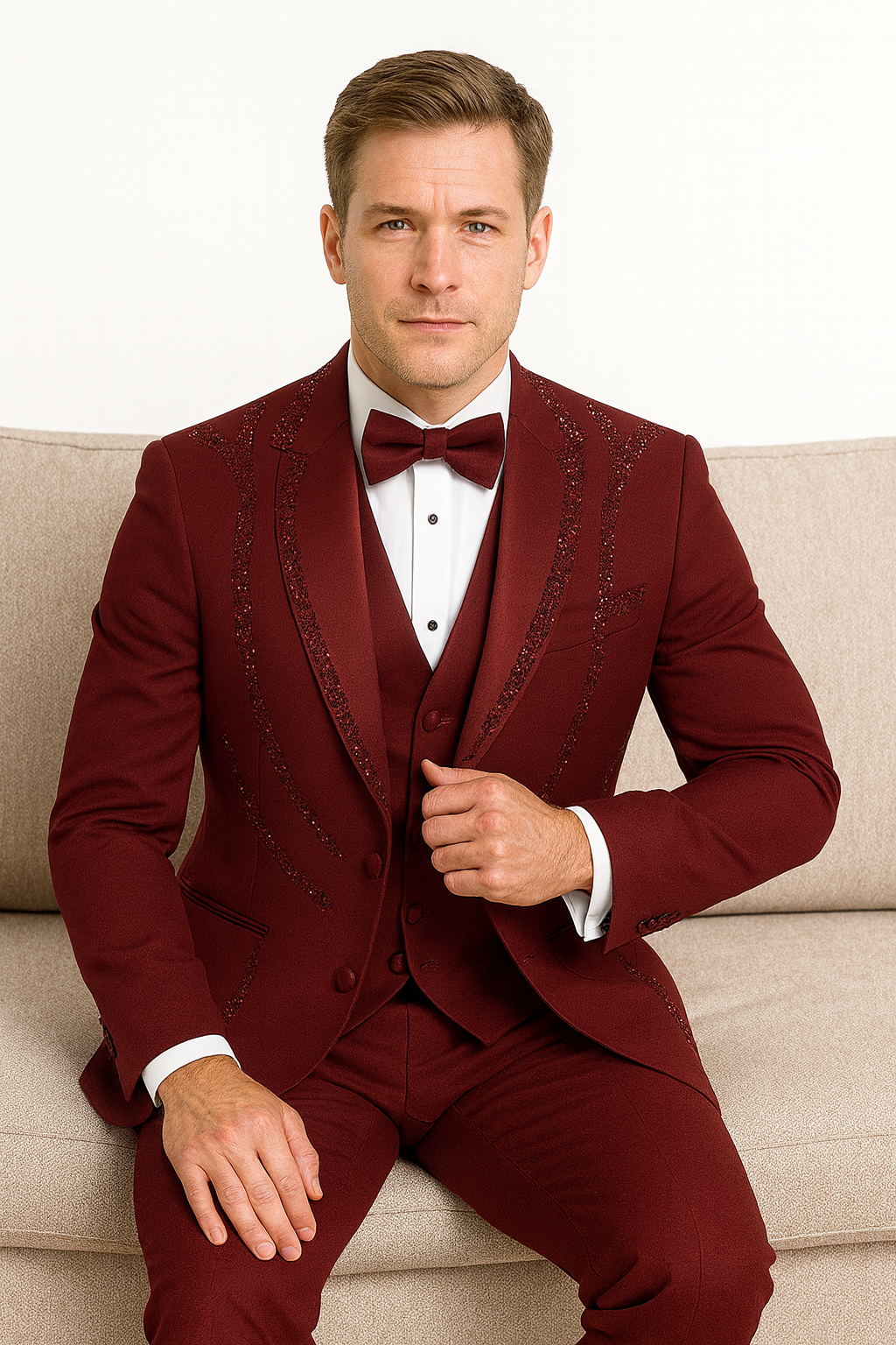 Mens Burgundy Italian Wool 3-Piece Modern Formal Tuxedo