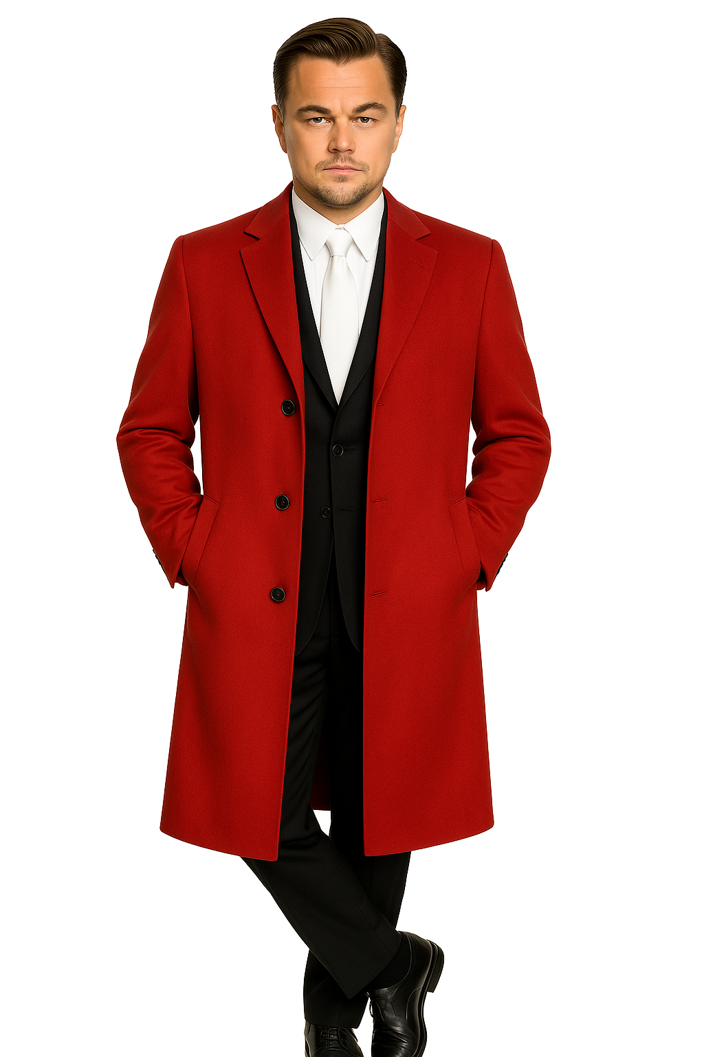 Men's Three Buttons Red Wool Fabric Overcoat / Long men's Dress Topcoat - Winter coat