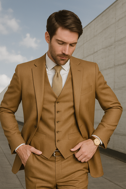 Mens 2 Button Modern Fit Vested Wool Suit in Caramel