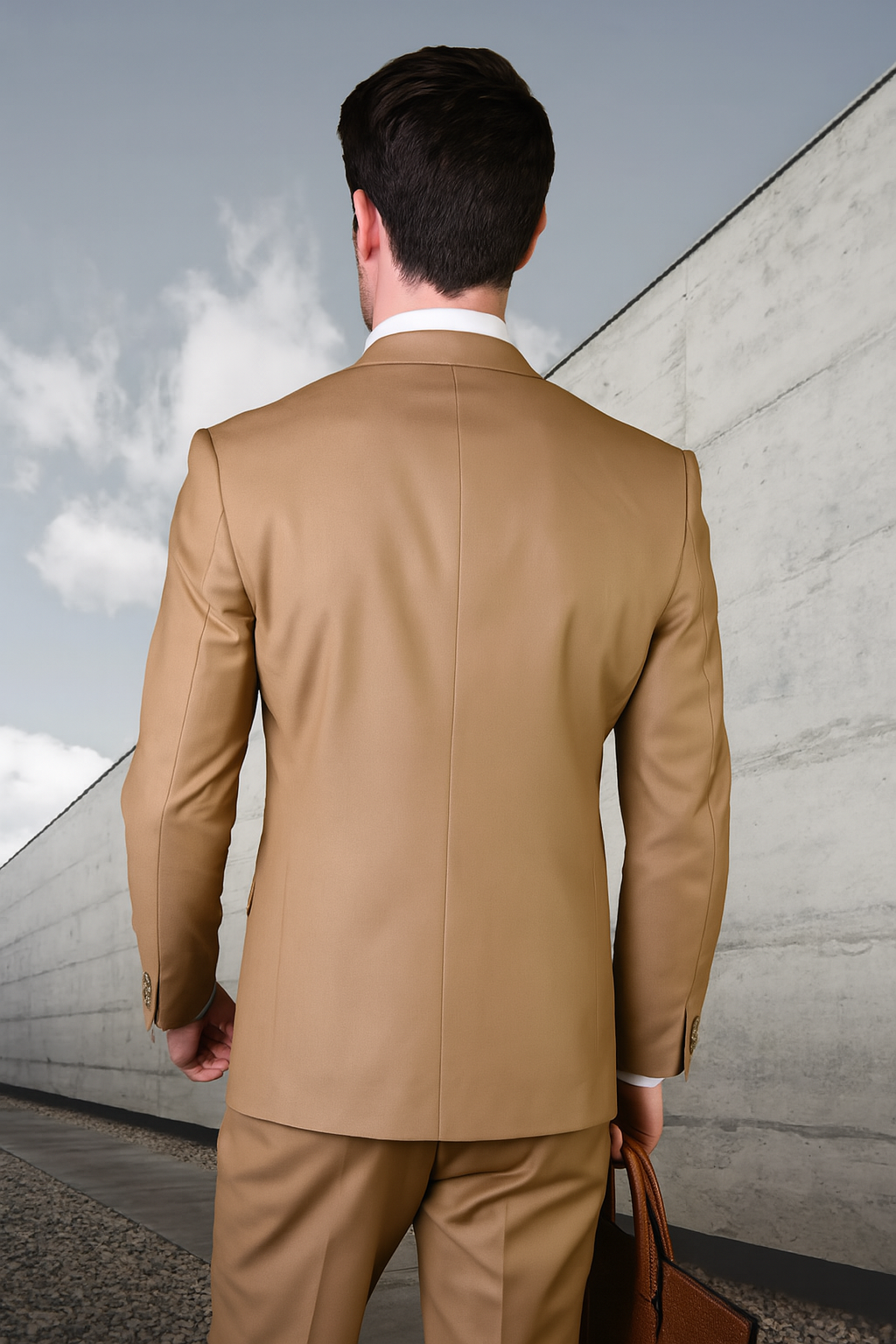 Mens 2 Button Modern Fit Vested Wool Suit in Caramel