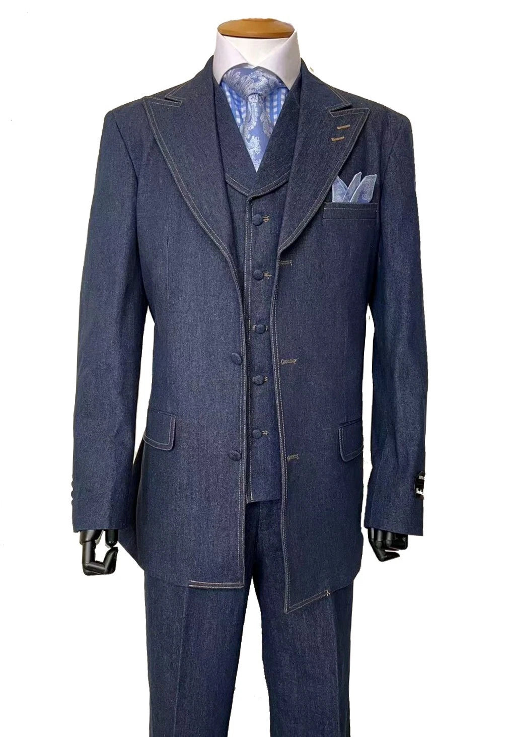 Classic Men's Denim 3-Piece Suit – Cotton Double Vent Blazer, Vest & Pants