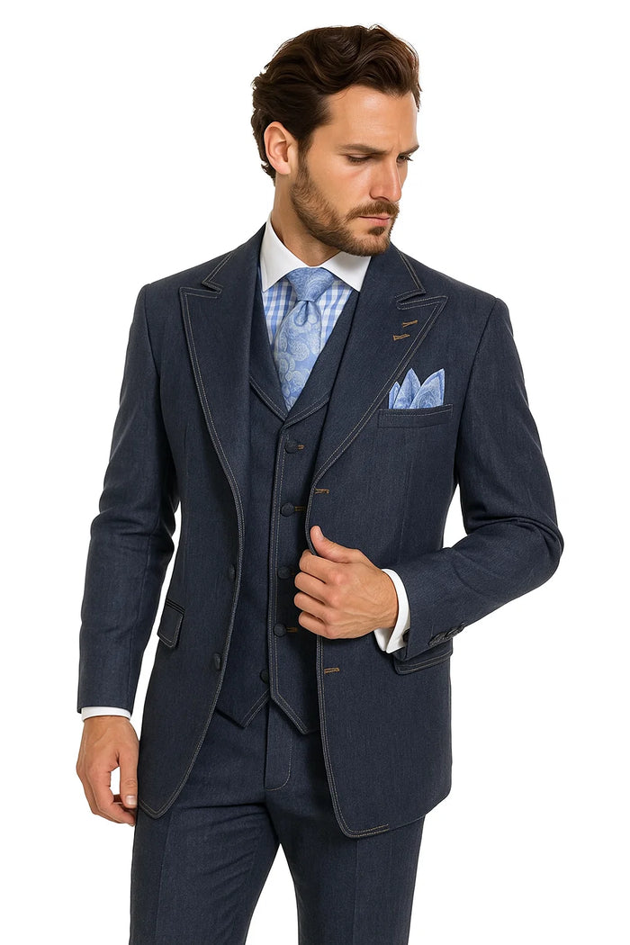 Classic Men's Denim 3-Piece Suit  Cotton Double Vent Blazer, Vest & Pants