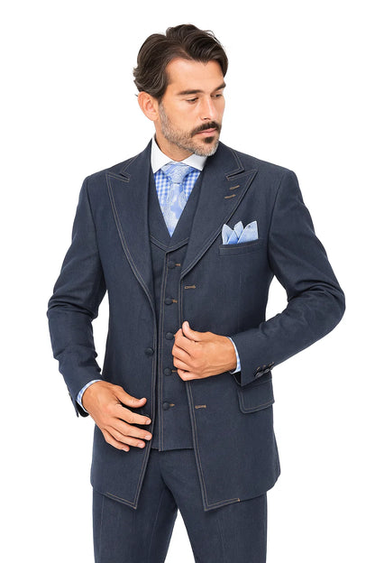 Classic Men's Denim 3-Piece Suit  Cotton Double Vent Blazer, Vest & Pants