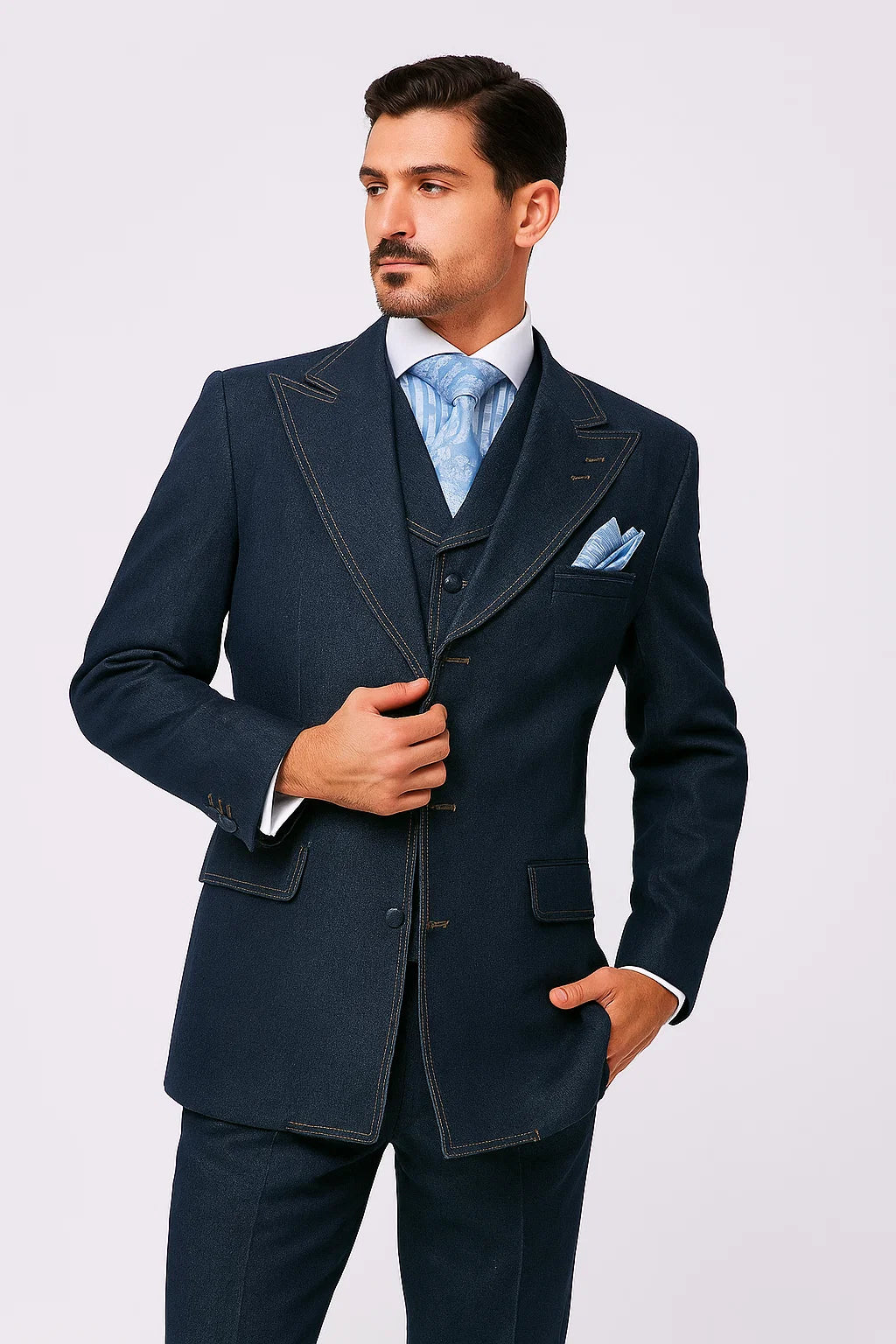 Classic Men's Denim 3-Piece Suit – Cotton Double Vent Blazer, Vest & Pants