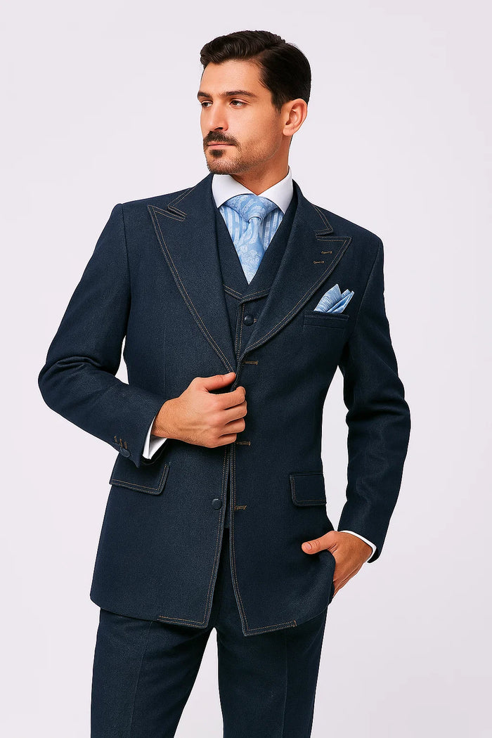 Classic Men's Denim 3-Piece Suit  Cotton Double Vent Blazer, Vest & Pants
