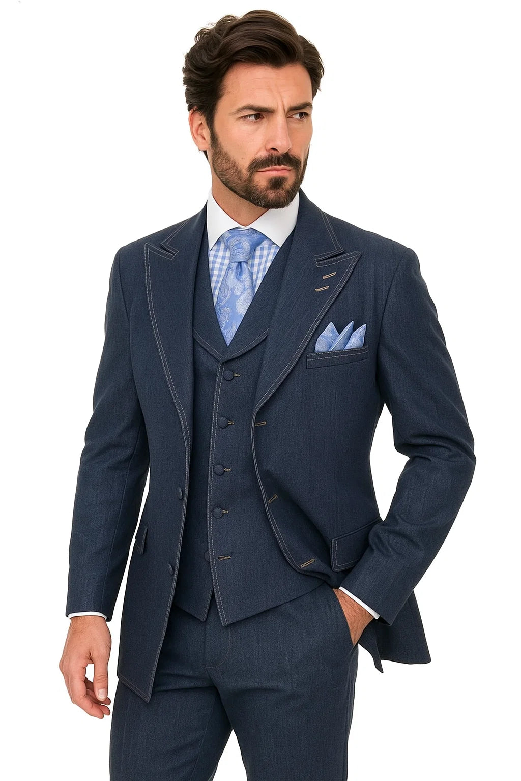 Classic Men's Denim 3-Piece Suit – Cotton Double Vent Blazer, Vest & Pants