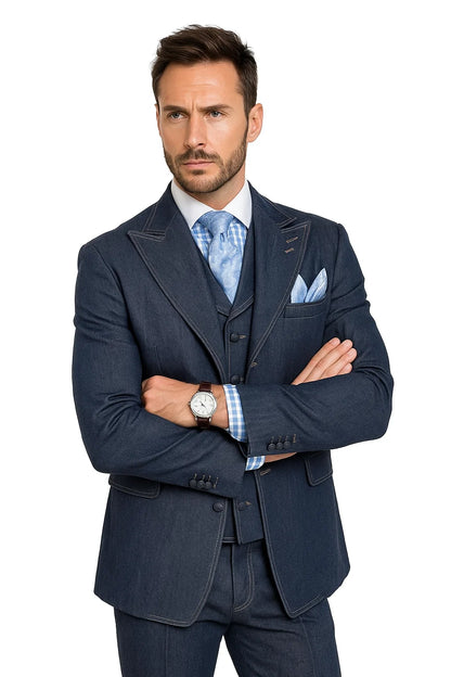 Classic Men's Denim 3-Piece Suit  Cotton Double Vent Blazer, Vest & Pants