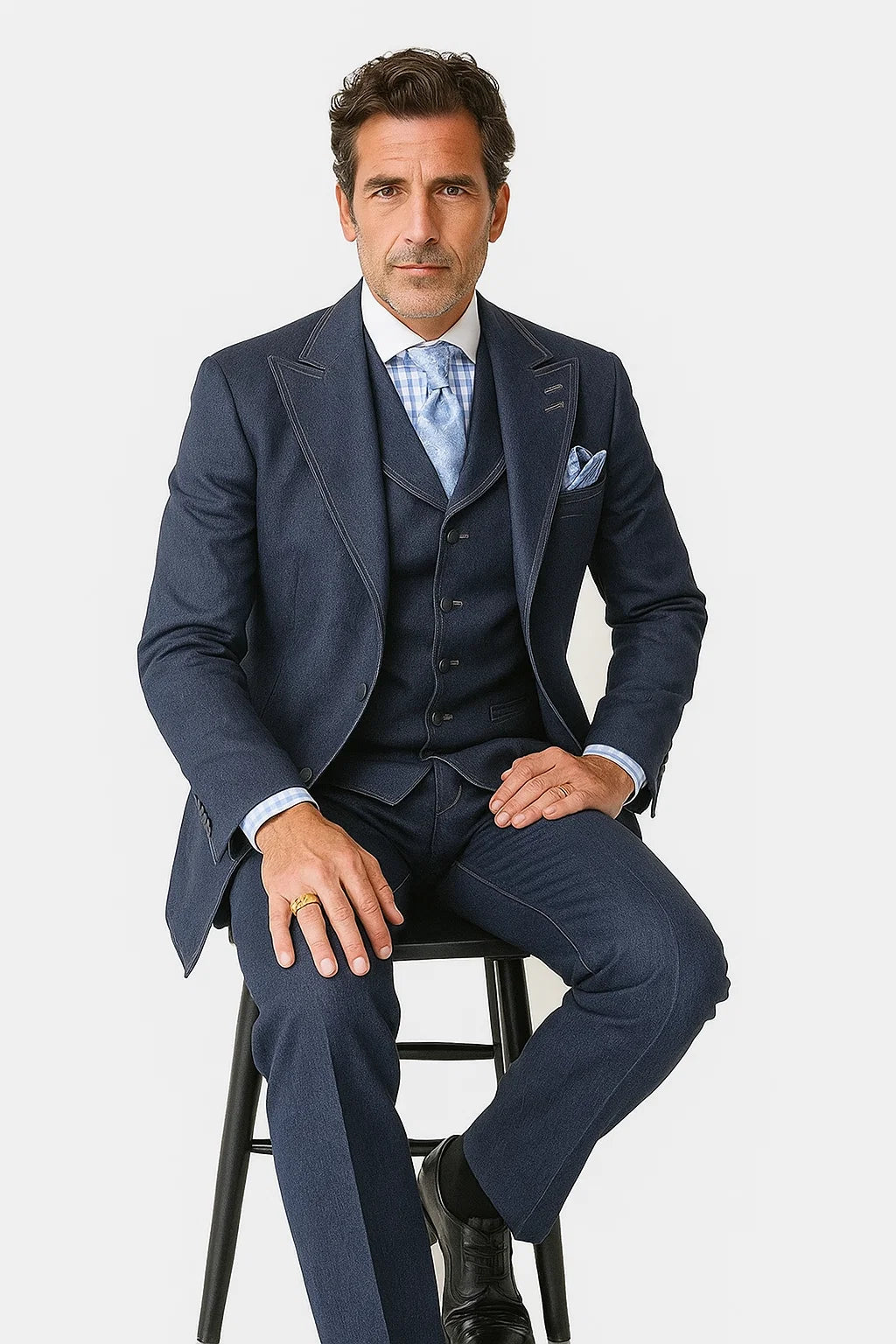 Classic Men's Denim 3-Piece Suit  Cotton Double Vent Blazer, Vest & Pants
