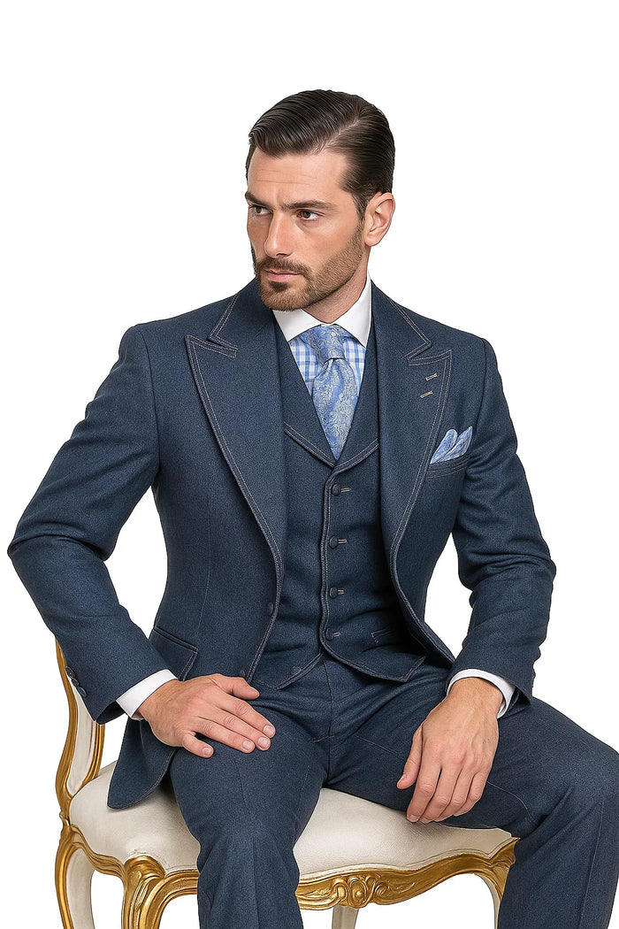 Classic Men's Denim 3-Piece Suit  Cotton Double Vent Blazer, Vest & Pants