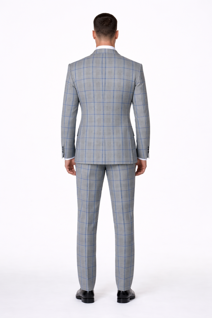 Suits With Baggy Pleated Pants - Wide Leg Pants 100% Wool - Classic Fit in Color Grey with Blue Plaid by Rossiman