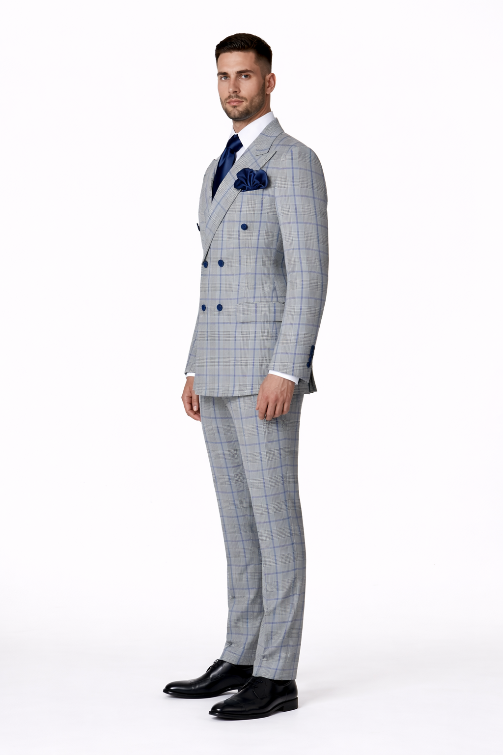 Suits With Baggy Pleated Pants - Wide Leg Pants 100% Wool - Classic Fit in Color Grey with Blue Plaid by Rossiman