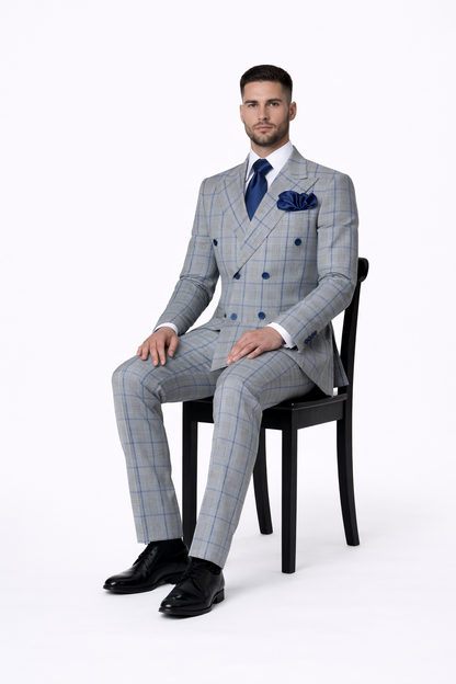 Suits With Baggy Pleated Pants - Wide Leg Pants 100% Wool - Classic Fit in Color Grey with Blue Plaid by Rossiman