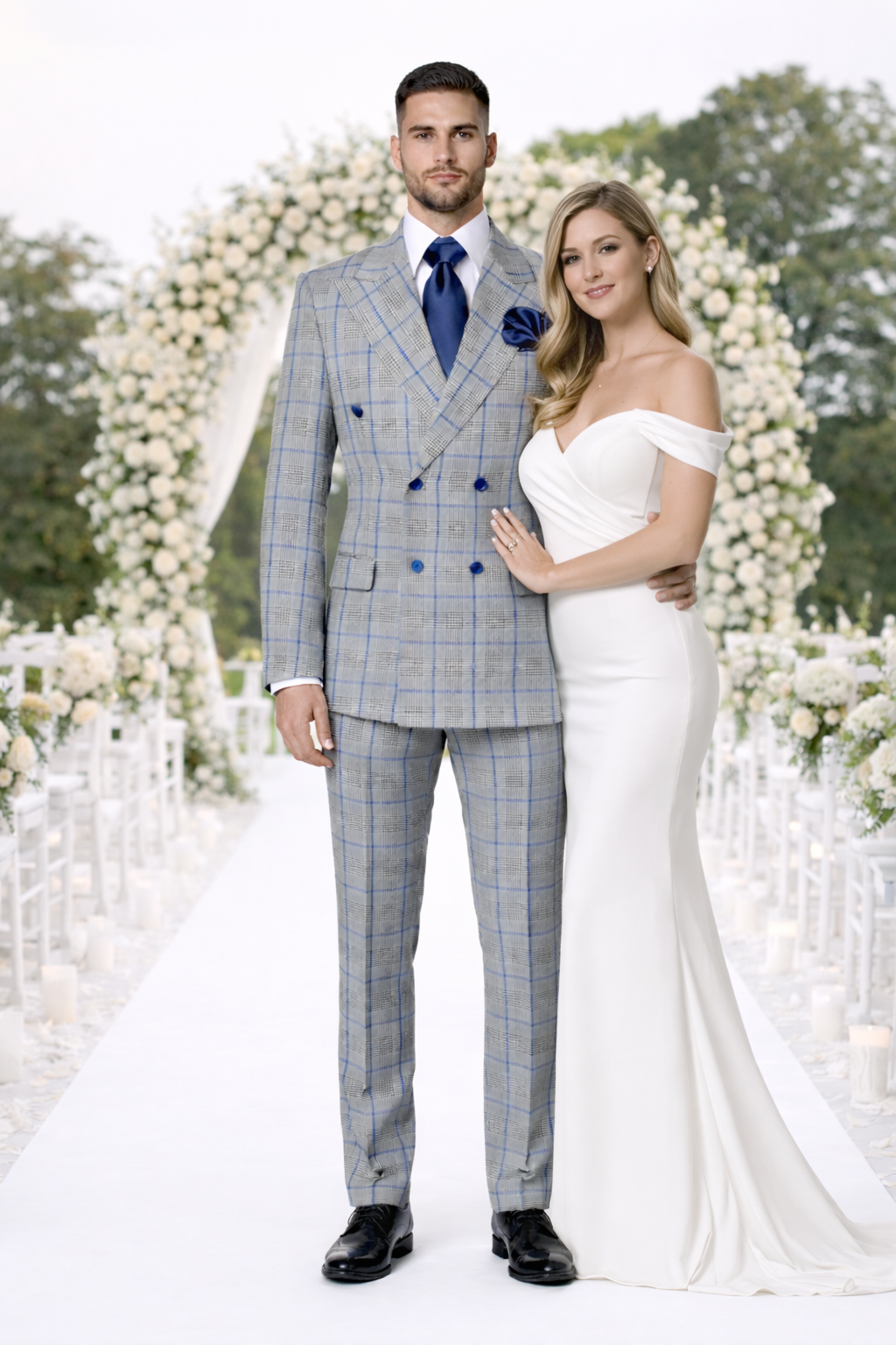 Suits With Baggy Pleated Pants - Wide Leg Pants 100% Wool - Classic Fit in Color Grey with Blue Plaid by Rossiman