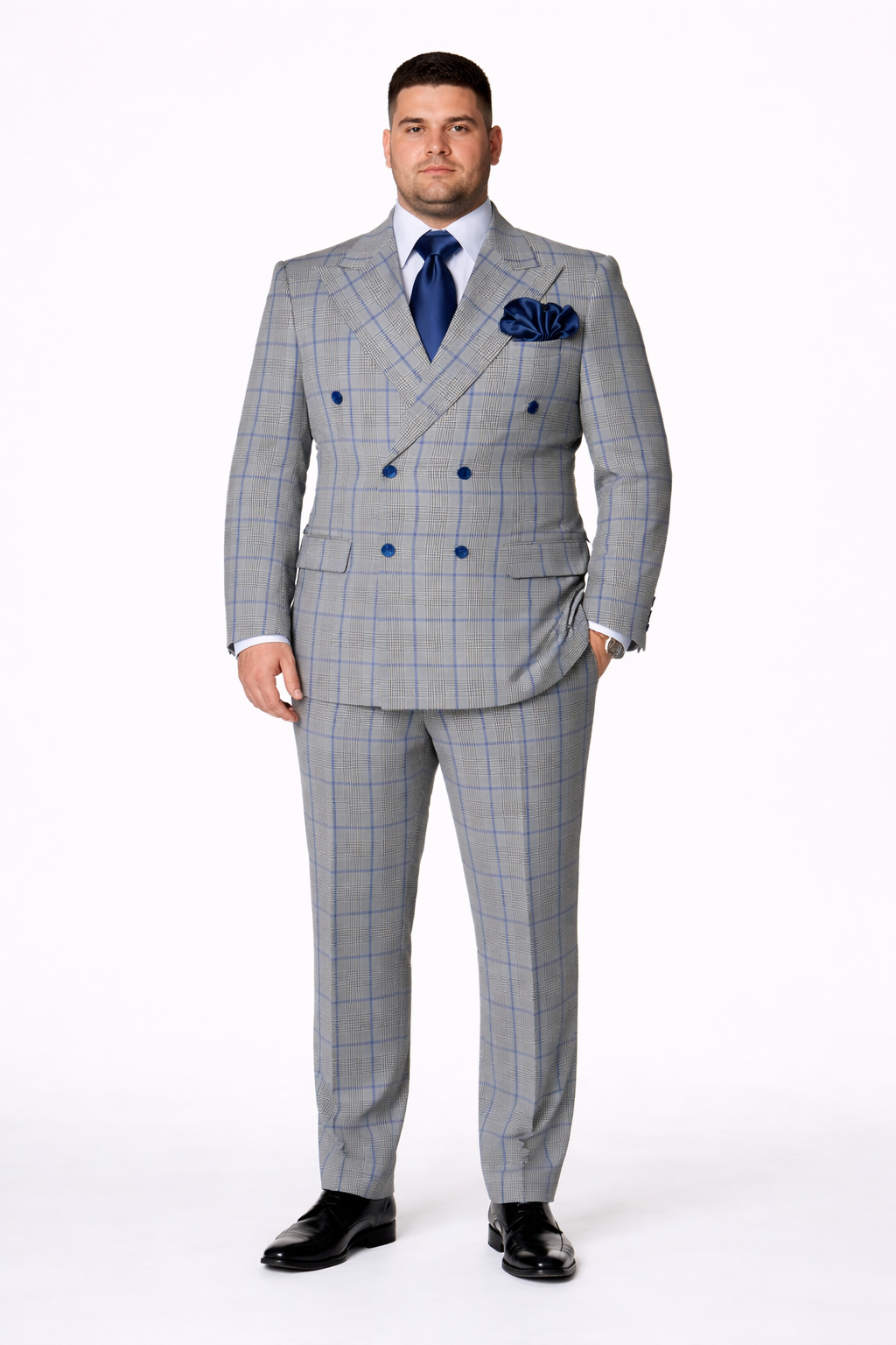 Suits With Baggy Pleated Pants - Wide Leg Pants 100% Wool - Classic Fit in Color Grey with Blue Plaid by Rossiman