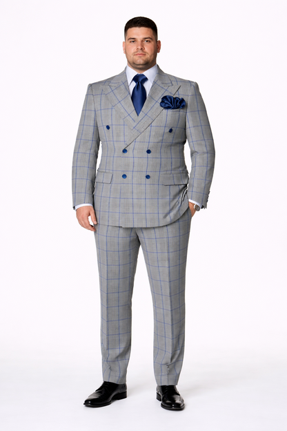 Suits With Baggy Pleated Pants - Wide Leg Pants 100% Wool - Classic Fit in Color Grey with Blue Plaid by Rossiman