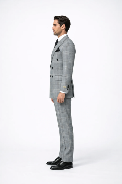 Suits With Baggy Pleated Pants - Wide Leg Pants 100% Wool - Classic Fit in Black and White Plaid Color by Rossiman