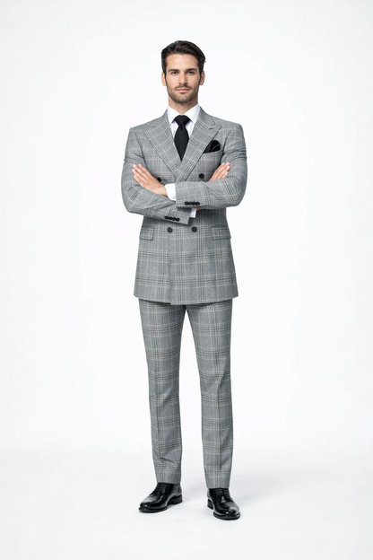 Suits With Baggy Pleated Pants - Wide Leg Pants 100% Wool - Classic Fit in Black and White Plaid Color by Rossiman