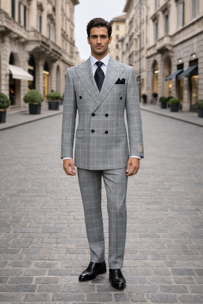 Suits With Baggy Pleated Pants - Wide Leg Pants 100% Wool - Classic Fit in Black and White Plaid Color by Rossiman